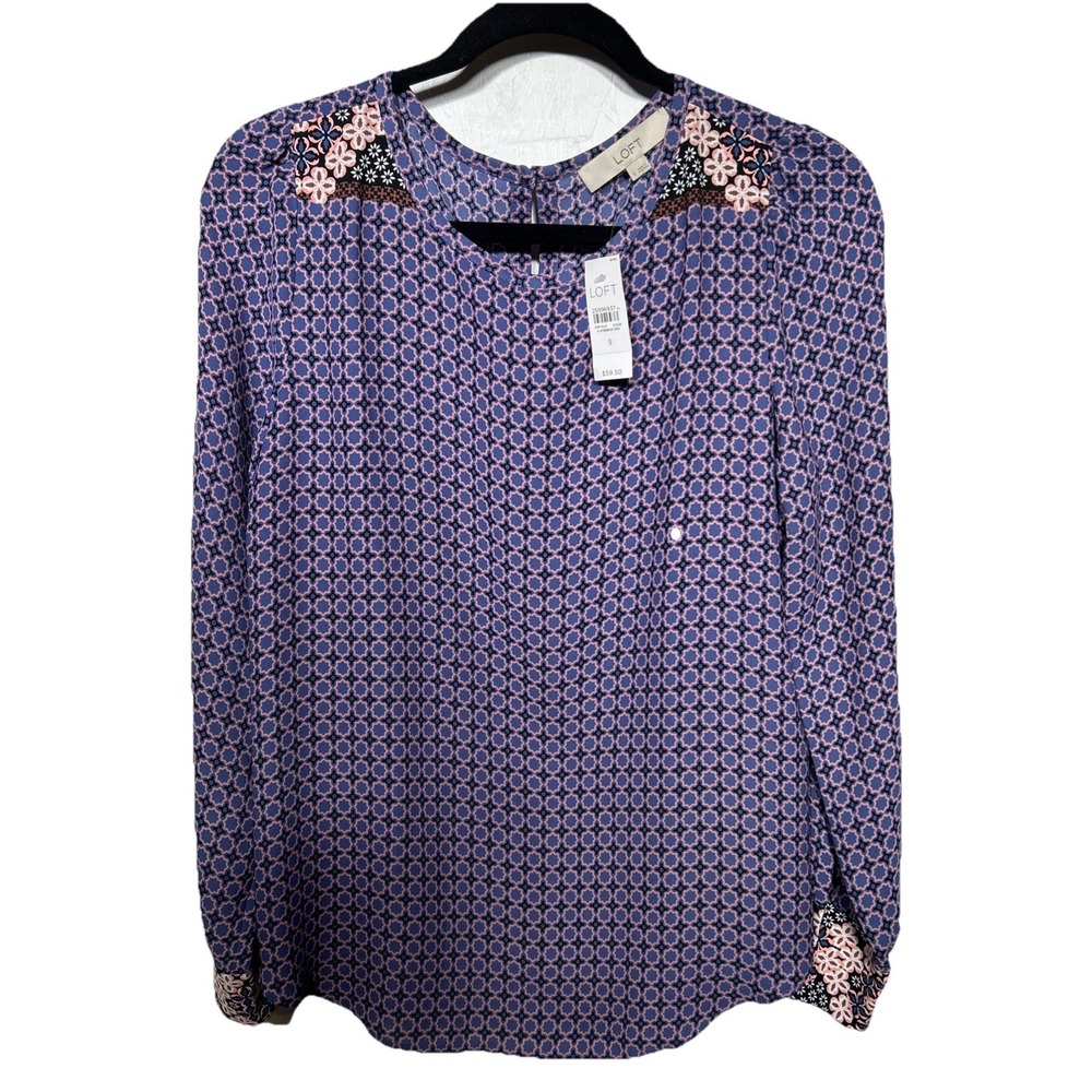 Ann Taylor Loft Long Sleeve Blouse Mixed Pattern Purple Sz Small Retail: $60 NWT